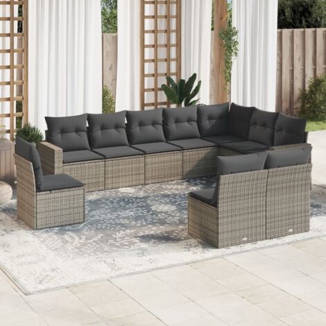 Ensemble de salon de jardin modulaire en résine tressée gris, 10 places avec coussins amovibles lavables