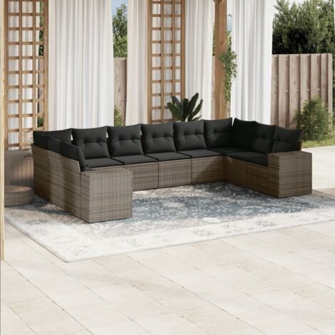 Ensemble de salon de jardin modulaire en résine tressée gris, 10 places avec coussins et rangement