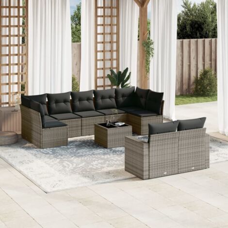 Ensemble de salon de jardin modulaire en résine tressée gris 10 places avec rangements et verre trempé