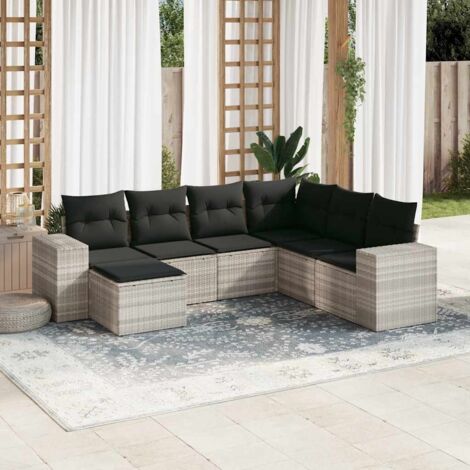 Ensemble de salon de jardin modulaire en résine tressée gris clair avec 7 coussins amovibles – Canapé d'angle, sièges centraux et repose-pieds pour terrasse