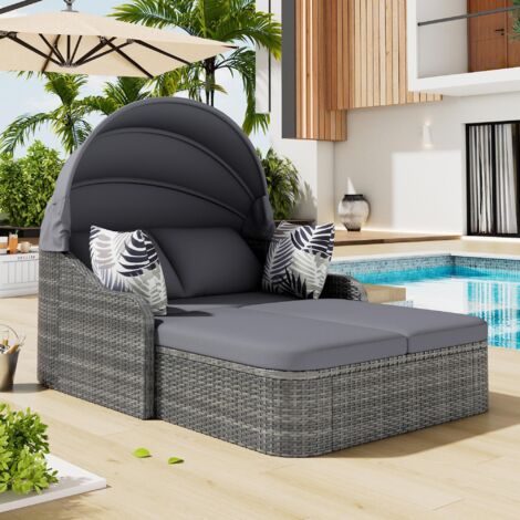 Ensemble de salon de jardin Réglable Double Chaise longue en rotin de jardin avec auvent, gris