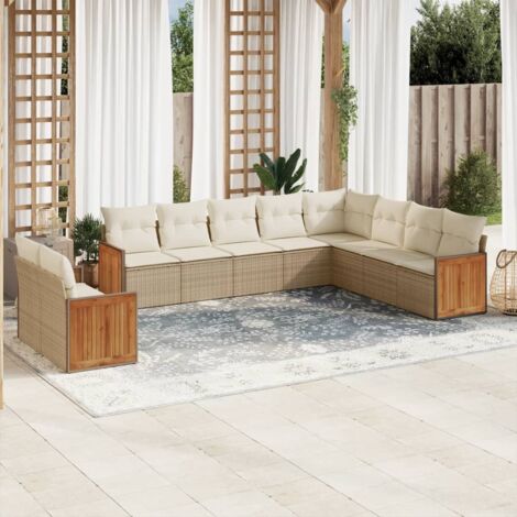 Ensemble de Salon de Jardin Résine Tressée Beige 10 Pièces avec Coussins