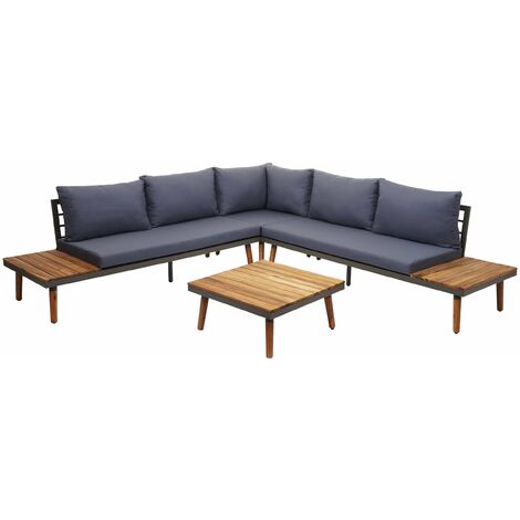 Ensemble de salon de jardin terrasse balcon luxe en acier et bois FSC certifié coussins gris 040003577