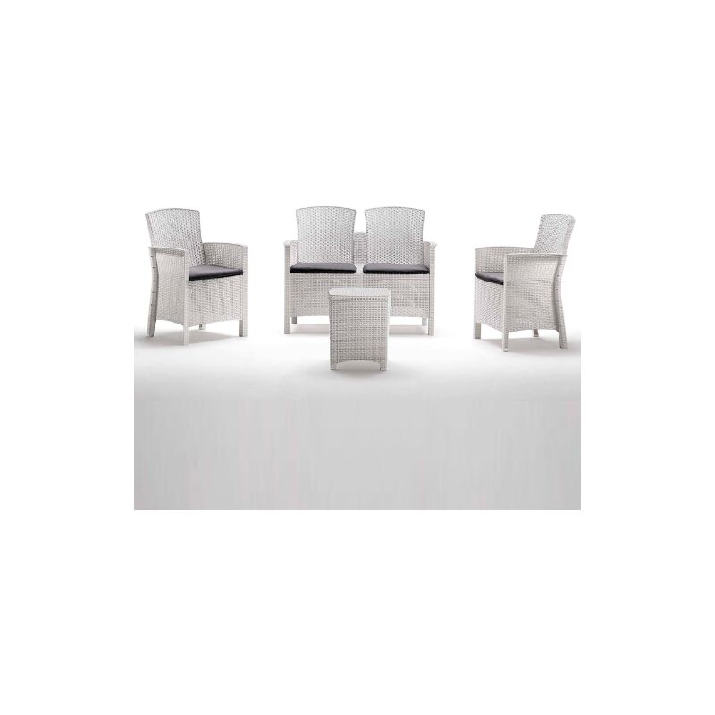Salon de jardin Lido avec deux fauteuils canape' et table blanche en re'sine antichoc effet rotin exte'rieur