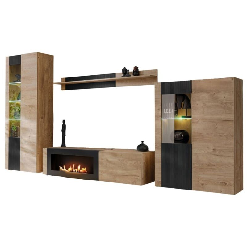 Meublorama – Ensemble de meubles de salon avec cheminée bio-éthanol – Chêne clair et noir – L320 x H192 x P45 cm – Style industriel