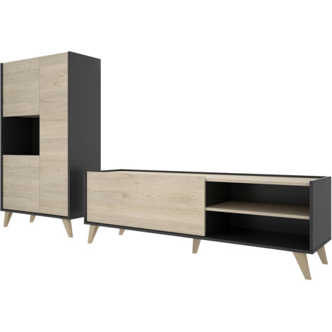 Ensemble de salon en bois mélaminé avec meuble bas TV + buffet coloris chêne naturel, graphite