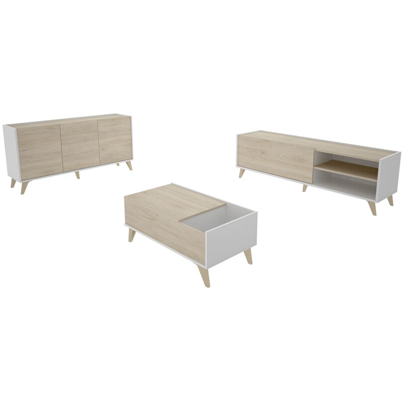Ensemble de salon en bois mélaminé avec meuble bas tv + buffet + table basse relevable coloris chêne naturel, blanc