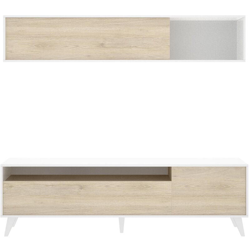 Pegane - Ensemble de salon en bois mélaminé avec meuble bas tv + étagère haute coloris chêne naturel, blanc