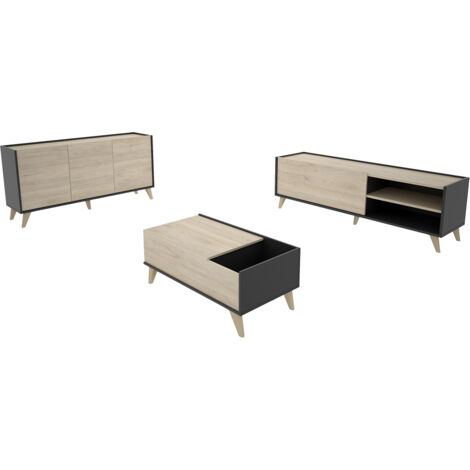 Ensemble de salon en bois mélaminé avec meuble bas TV + table basse relevable + buffet coloris chêne naturel, graphite