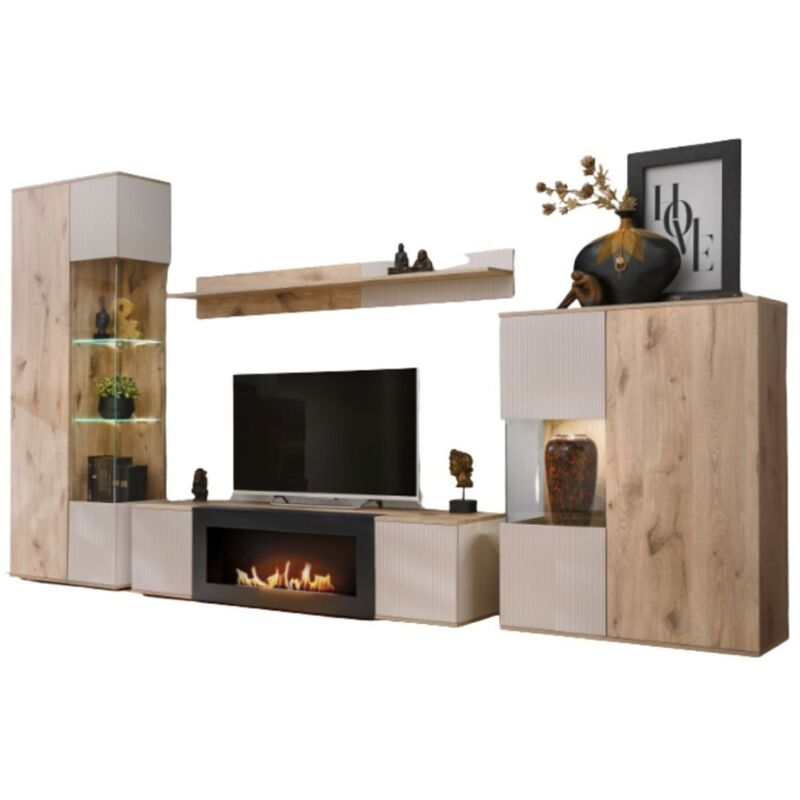 Meublorama – Ensemble de meubles de salon scandinave – Vitrine, meuble TV avec cheminée bio-éthanol, étagère murale, buffet haut – Chêne clair et