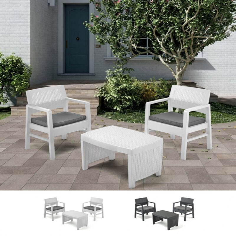 Salon de jardin en polyrotin table 2 fauteuils coussins Tambo | Blanc - Progarden