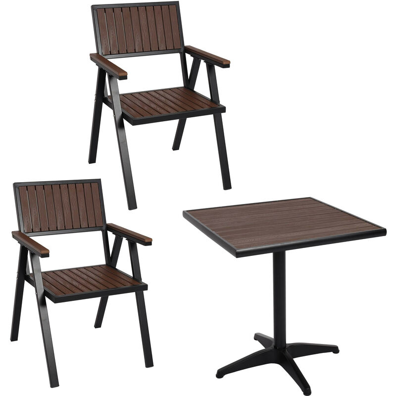 Lot de 2 chaises de jardin + table de jardin HWC-J95 Outdoor - alu aspect bois - noir - marron foncé