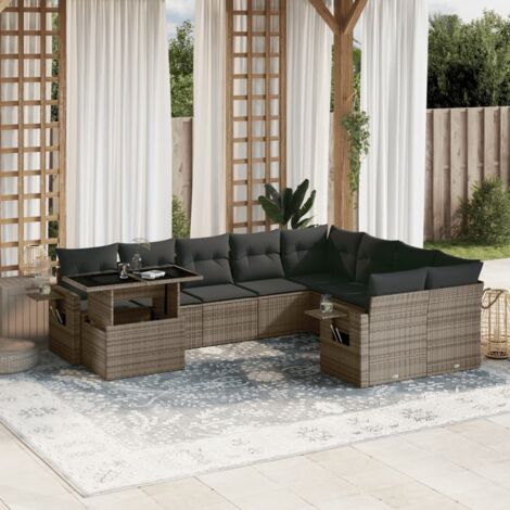 Ensemble de Salon Jardin 10 Pièces Gris avec Coussins - Résine Tressée Modulable, Table Réglable Hauteur et Accoudoirs Tablettes