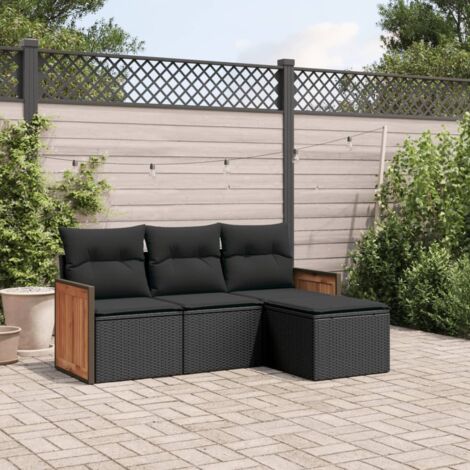 Ensemble de Salon Jardin 4 Pièces en Résine Tressée Noir avec Coussins Amovibles et Housse Lavable, Confort Modulaire, Tissu Polyester et Structure en Acier Enduit Poudre, Charge 110 kg/Place
