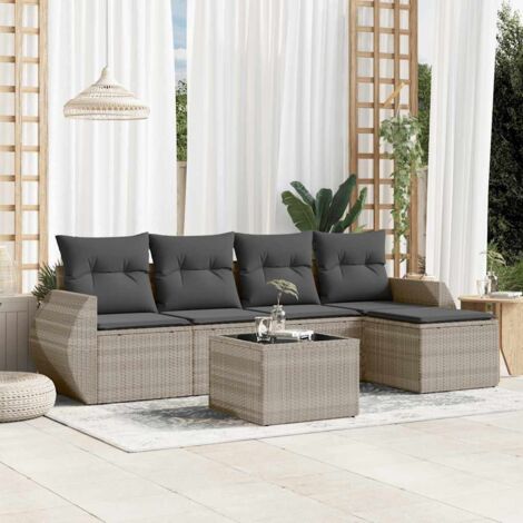 Ensemble de Salon Jardin 6 Places, Gris Clair, Résine Tressée, avec Table en Verre, Coussins Amovibles et Espace de Rangement