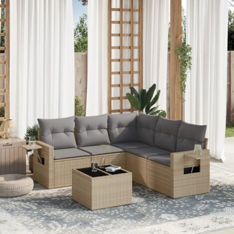 Ensemble de Salon Jardin 6 Places Résine Tressée Beige avec Coussins Gris - Table Verre Trempé, Modulaire et Résistant aux UV