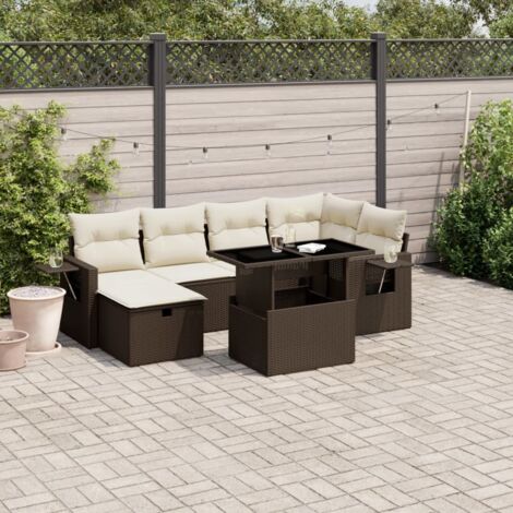 Ensemble de Salon Jardin 7 Pièces Résine Tressée Marron avec Coussins Lavables, Table Basse Réglable, Modulaire pour Terrasse