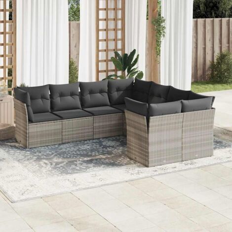 Ensemble de Salon Jardin 8 Places Modulaire en Résine Tressée Gris Clair avec Coussins Détachables et Pieds Réglables