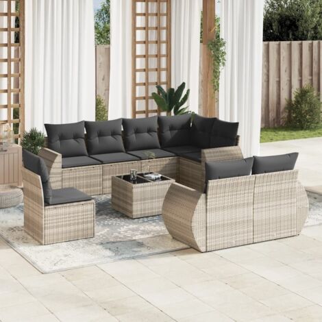 Ensemble de Salon Jardin 9 Pièces Résine Tressée Gris Clair avec Coussins et Table Verre - Modulaire et Stockage