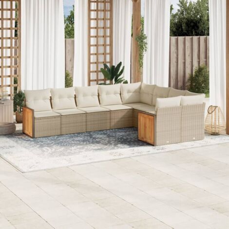 Ensemble de Salon Jardin 9 Places Résine Tressée Beige avec Coussins - Modulaire, Stockage Intégré, Housses Lavables