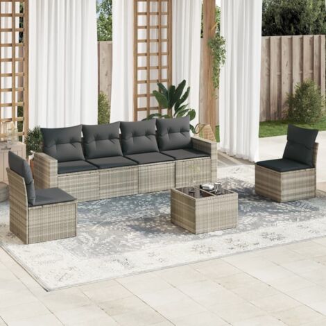 Ensemble de Salon Jardin en Résine Tressée 7 Pièces Gris Clair avec Table Verre et Coussins Lavables, 6 Places