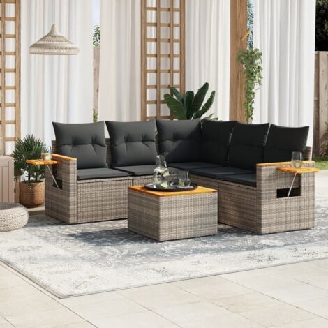 Ensemble de salon jardin en résine tressée gris 6 places avec coussins et table