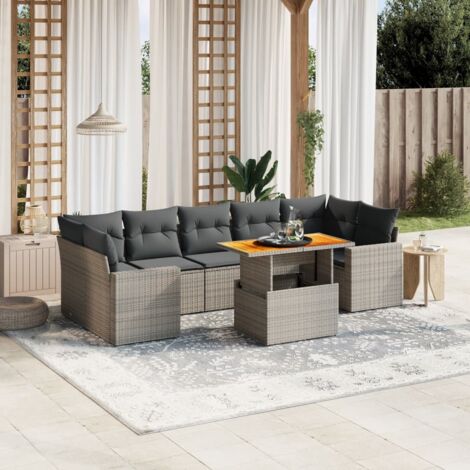 Ensemble de salon jardin en résine tressée gris 8 pièces avec table réglable et coussins