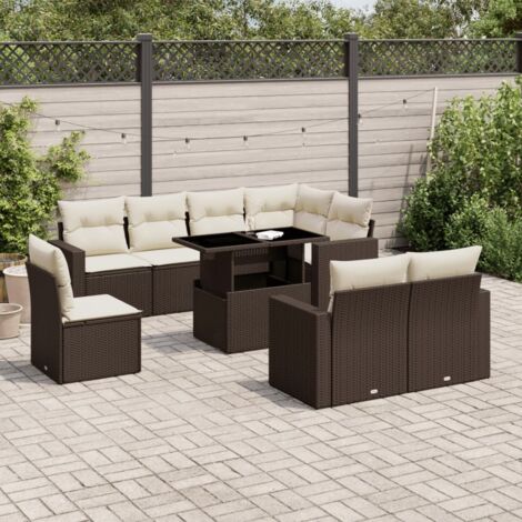Ensemble de Salon Jardin en Résine Tressée Marron avec Coussins Crème 9 Pièces, Table Verre, Modulaire