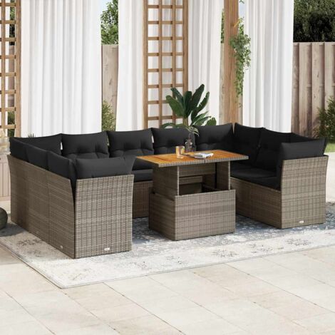Ensemble de salon jardin modulable 10 pièces gris en résine tressée
