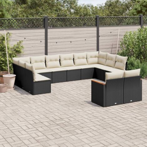 Ensemble de Salon Jardin Modulable 12 Pièces en Résine Tressée Noir avec Coussins Crème - Sièges avec Rangement