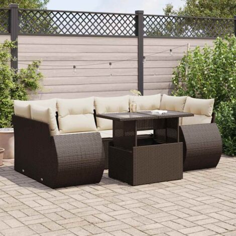 Ensemble de Salon Jardin Modulable 7 Pièces en Résine Tressée Marron avec Coussins Amovibles, Table Réglable et Rangement