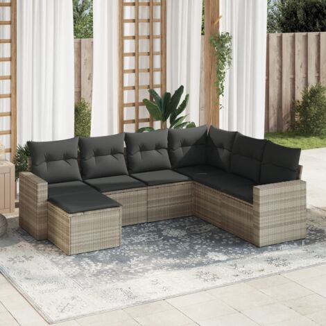 Ensemble de Salon Jardin Modulable 7 Pièces Résine Tressée Gris Clair avec Coussins