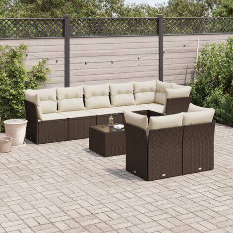 Ensemble de Salon Jardin Modulable Marron Résine Tressée avec Coussins - 9 Pièces (3 Bancs, 5 Coins, 1 Table Verre)