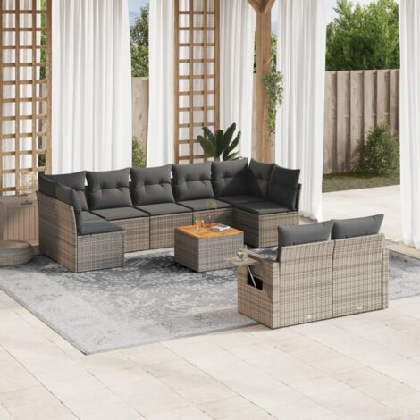 Ensemble de Salon Jardin Modulaire 10 Pièces en Résine Tressée Gris avec Coussins et Table en Acacia, Stockage Intégré, Tablettes Pliantes