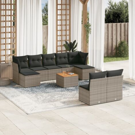Ensemble de Salon Jardin Modulaire 10 Places Gris Résine Tressée avec Table Acacia et Coussins
