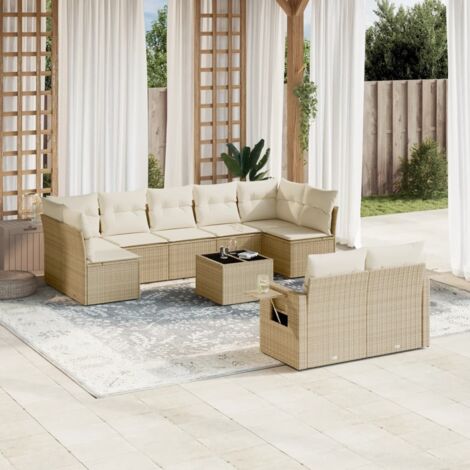 Ensemble de Salon Jardin Modulaire 10 Places, Résine Tressée Beige, avec Coussins Crème, Housse Lavable et Table - Capacité 110kg/Place