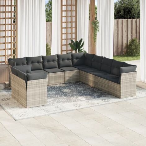 Ensemble de Salon Jardin Modulaire 11 Pièces en Résine Tressée Gris Clair avec Coussins Amovibles et Dossier Confortable