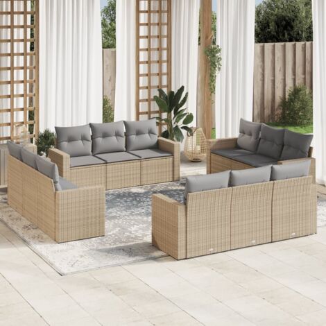 Ensemble de Salon Jardin Modulaire  12 Pièces  Cannage Résine Beige  Coussins Gris Clairs avec Housses Lavables  Rangement intégré