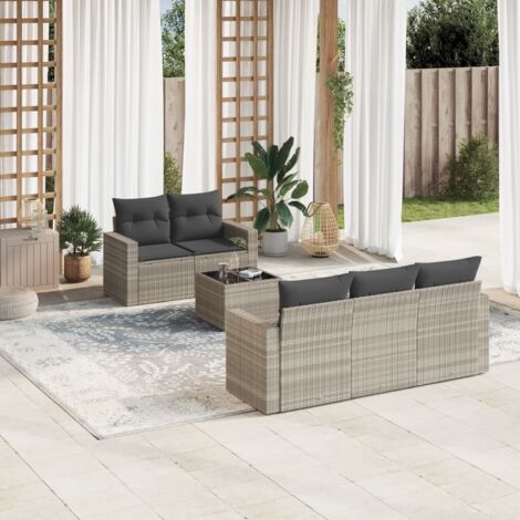 Ensemble de Salon Jardin Modulaire 6 Pièces en Résine Tressée Gris Clair avec Table Verre Trempé et Coussins Détachables