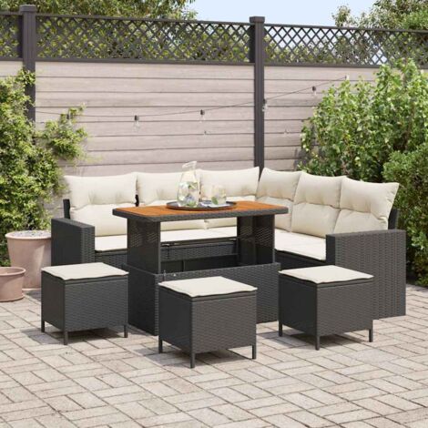 Ensemble de Salon Jardin Noir 14 Pièces Résine Tressée avec Coussins, Table Acacia, Modulable, Stockage
