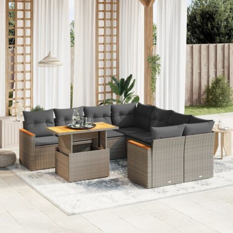Ensemble de salon jardin résine tressée gris 9 pièces avec table extensible et coussins amovibles