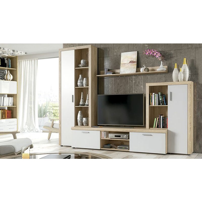 Ensemble de salon meuble tv + 1 étagère murale + vitrine haute + buffet bas coloris chêne cambrian, Blanc