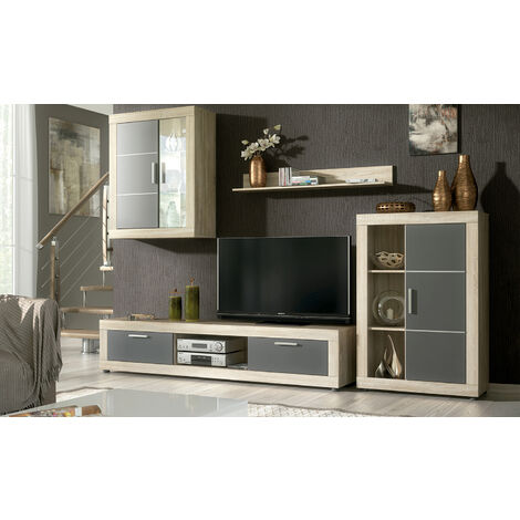 Ensemble de salon meuble TV + 1 étagère murale + vitrine murale avec LED + Buffet coloris chêne cambrian, graphite -PEGANE-
