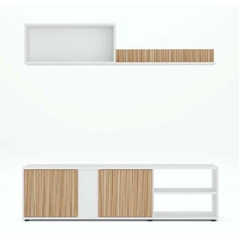 Ensemble de salon (meuble TV, 1 meubles haut, étagère murale) Meuble séjour coloris Blanc/chêne