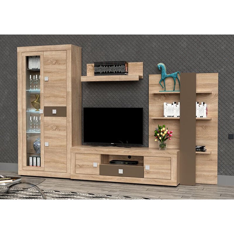 Ensemble de salon meuble tv +1 étagère murale + armoire avec éclairage led + bibliothèque coloris chêne cambrian, chocolat Pegane