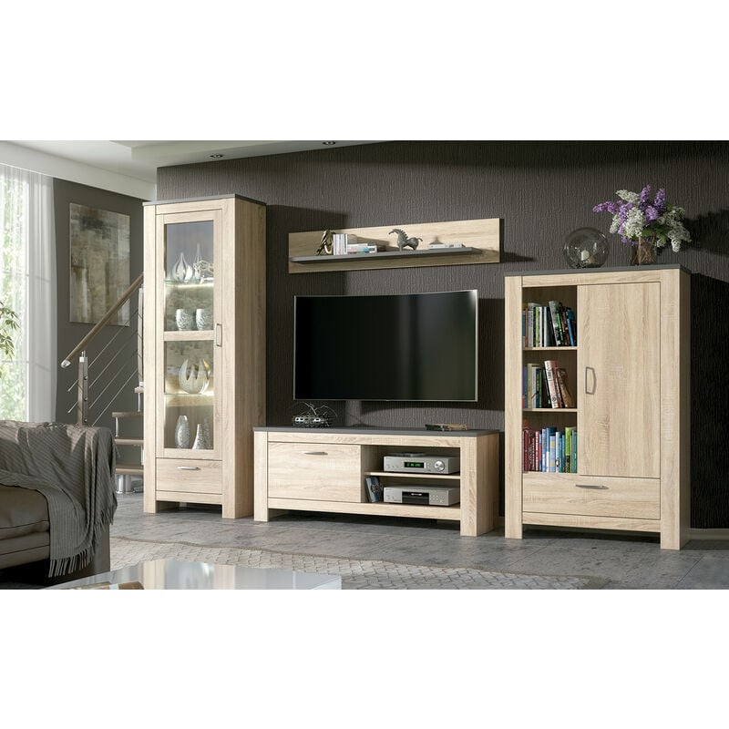 Pegane - Ensemble de salon meuble tv + 1 étagère murale + armoire avec led + buffet coloris chêne cambrian, graphite