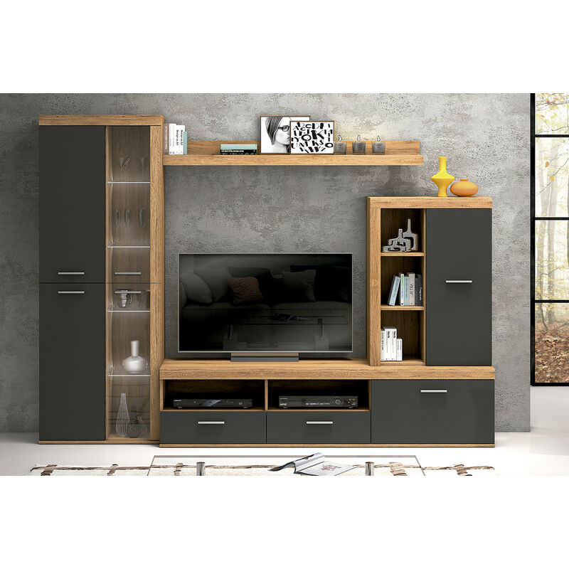 Pegane - Ensemble de salon meuble tv + 1 étagère murale + armoire + meuble haut coloris chêne cambrian, graphite
