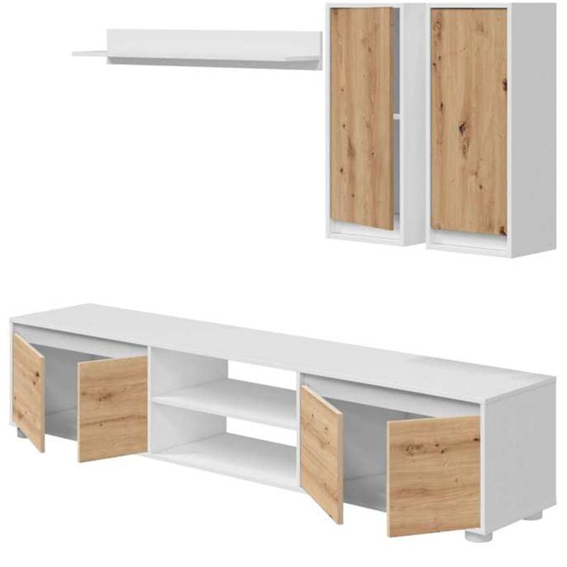 Pegane - Ensemble de salon ( meuble tv, 2 meubles hauts, étagère murale) coloris chêne nordique, Blanc artik
