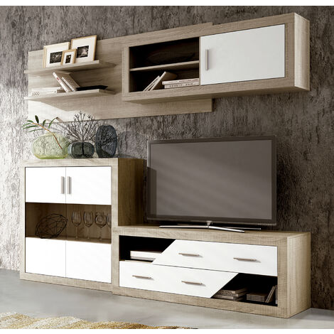 Ensemble de salon, meuble TV + set de 2 étagères murales + meuble haut + buffet coloris chêne cambrian, blanc -PEGANE-