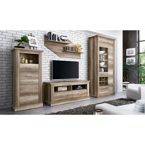 Ensemble de salon meuble TV + vitrine avec LED + Etagère murale + buffet coloris chêne vieilli -PEGANE-